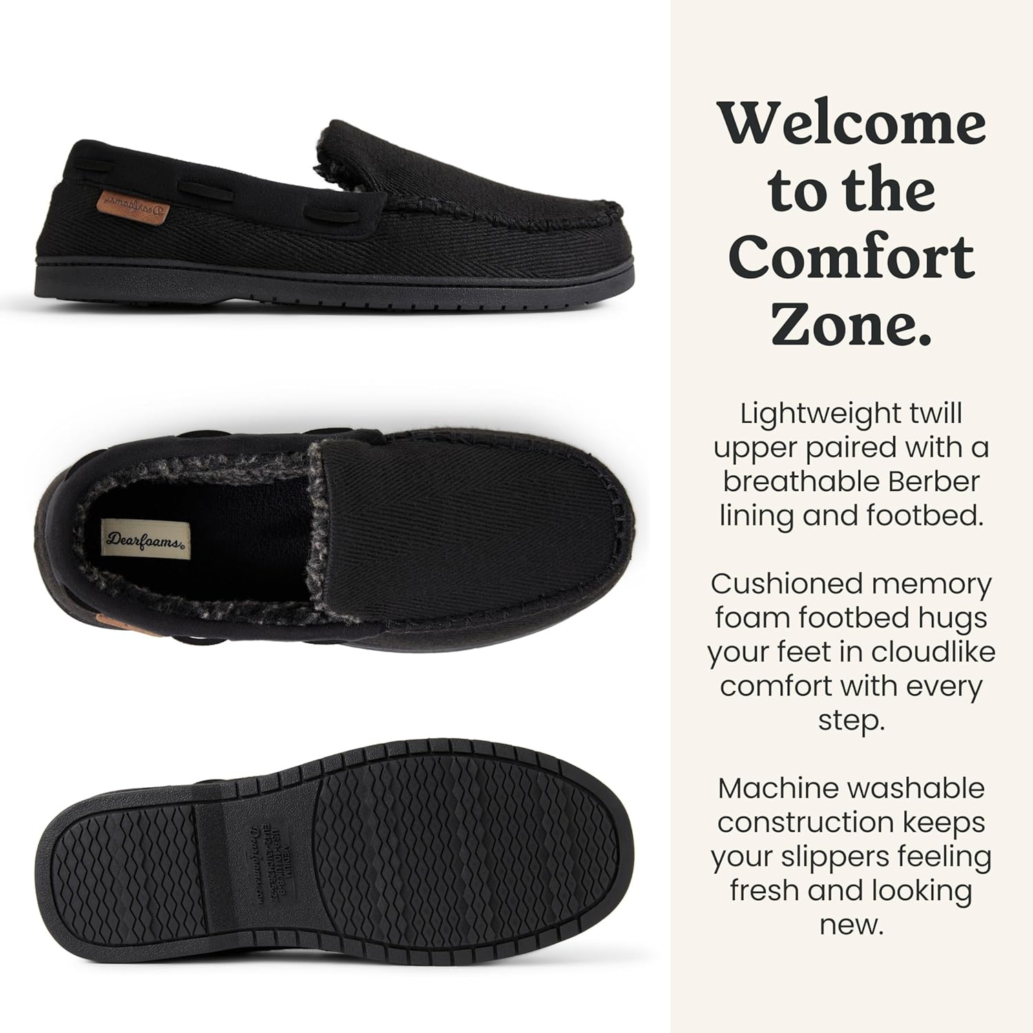 imageDearfoams Mens Keaton Moccasin House Shoes With Memory Foam Indoor Slippers With Wide WidthsBlack Twill