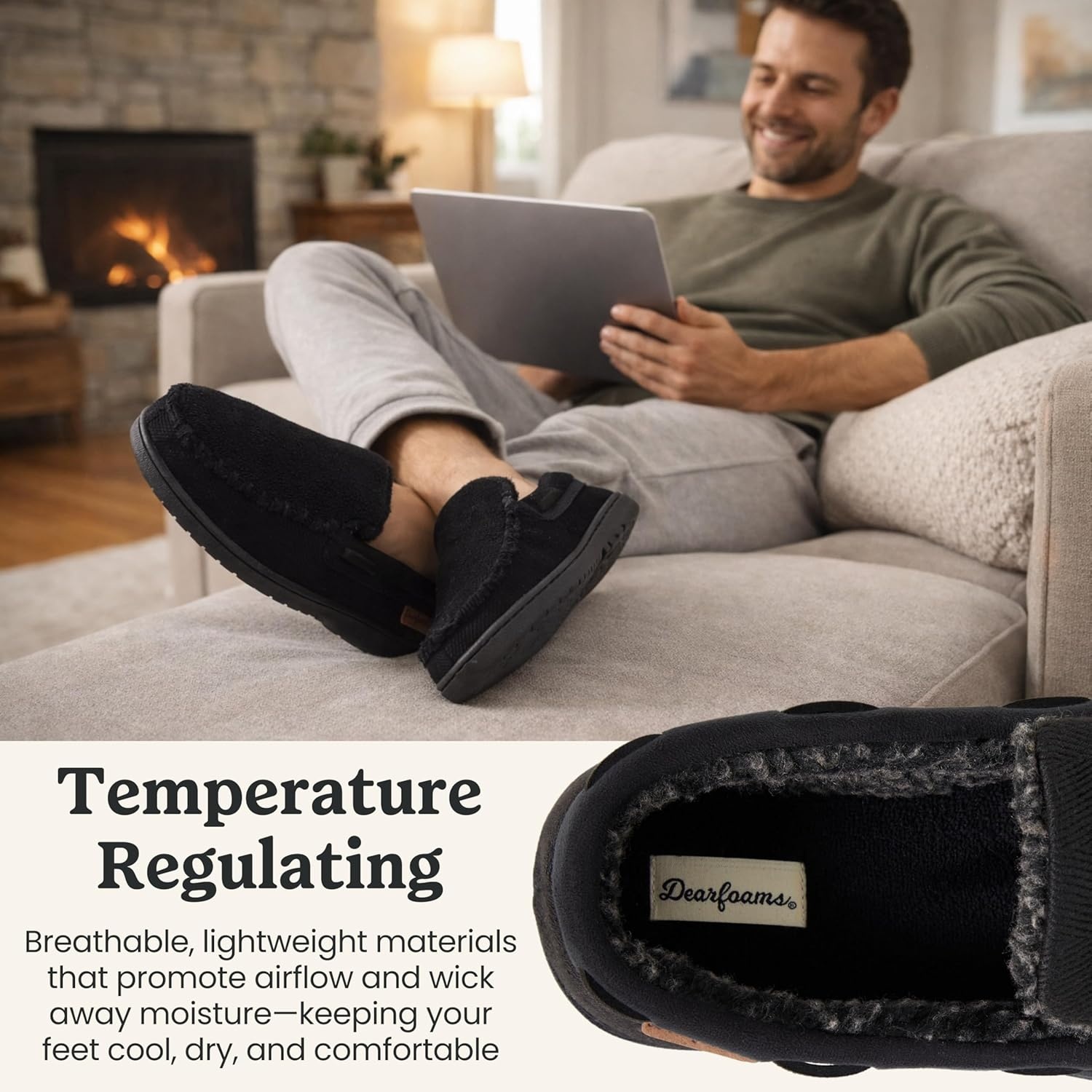 imageDearfoams Mens Keaton Moccasin House Shoes With Memory Foam Indoor Slippers With Wide WidthsBlack Twill