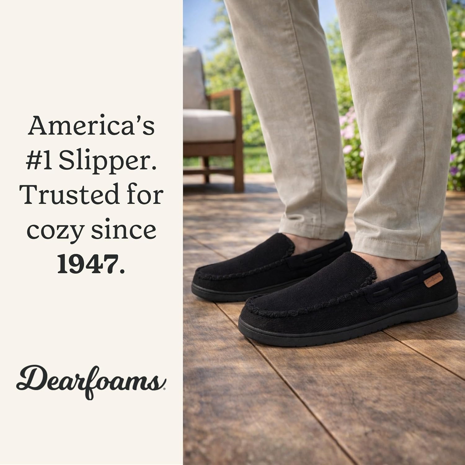 imageDearfoams Mens Keaton Moccasin House Shoes With Memory Foam Indoor Slippers With Wide WidthsBlack Twill