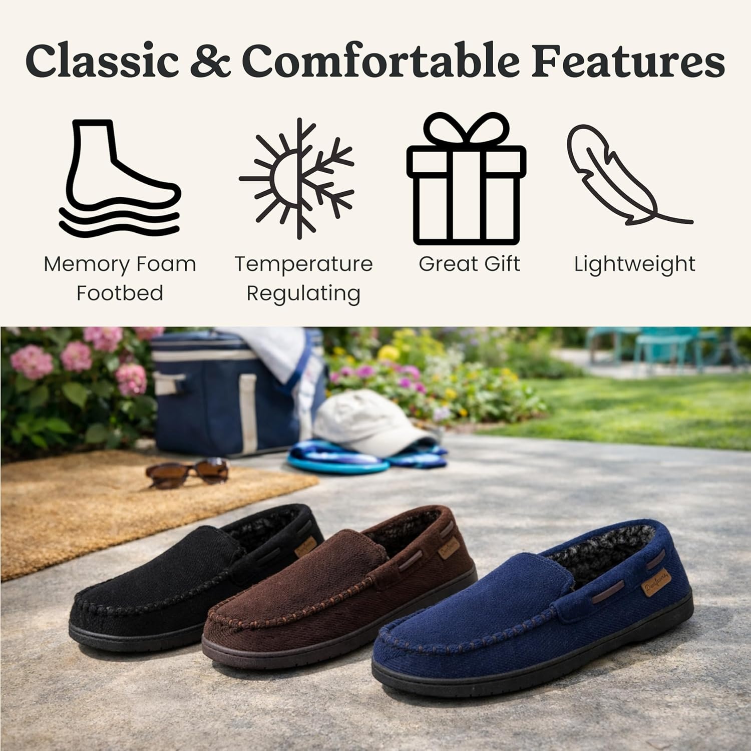 imageDearfoams Mens Keaton Moccasin House Shoes With Memory Foam Indoor Slippers With Wide WidthsCoffee Twill