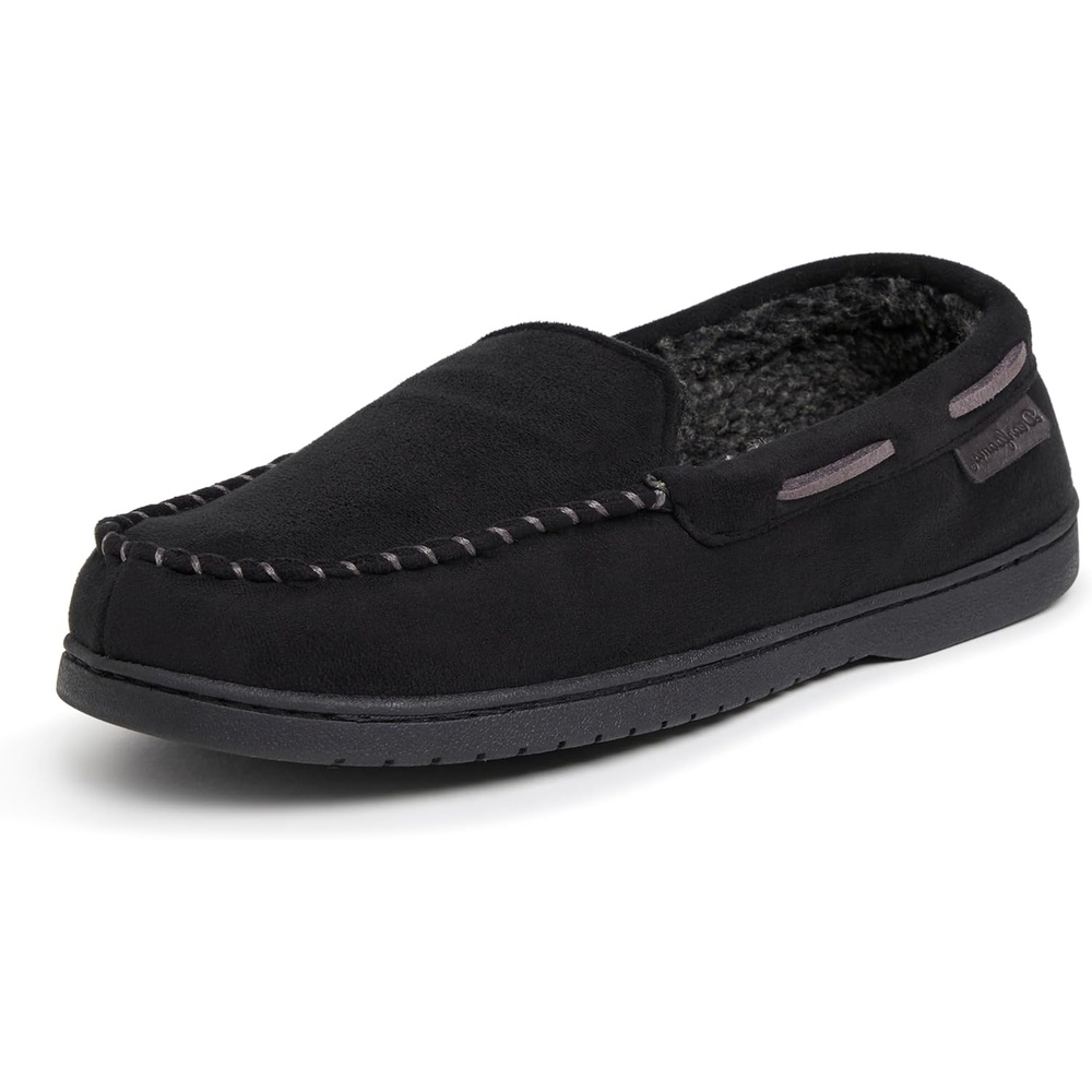 imageDearfoams Mens Keaton Moccasin House Shoes With Memory Foam Indoor Slippers With Wide WidthsBlack Microsuede