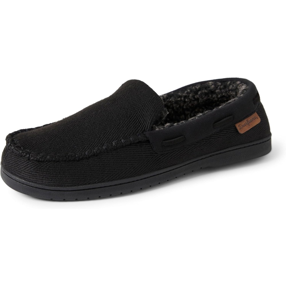 imageDearfoams Mens Keaton Moccasin House Shoes With Memory Foam Indoor Slippers With Wide WidthsBlack Twill