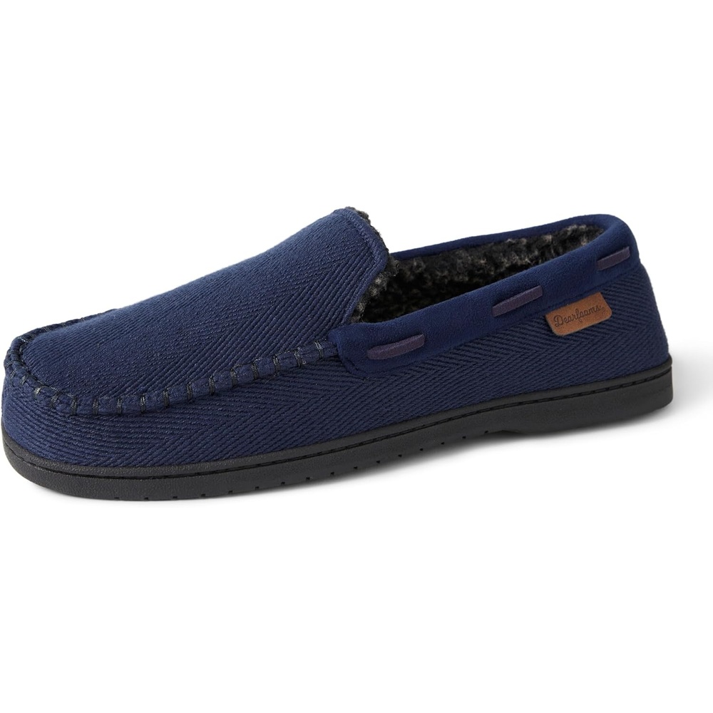 imageDearfoams Mens Keaton Moccasin House Shoes With Memory Foam Indoor Slippers With Wide WidthsNavy Twill