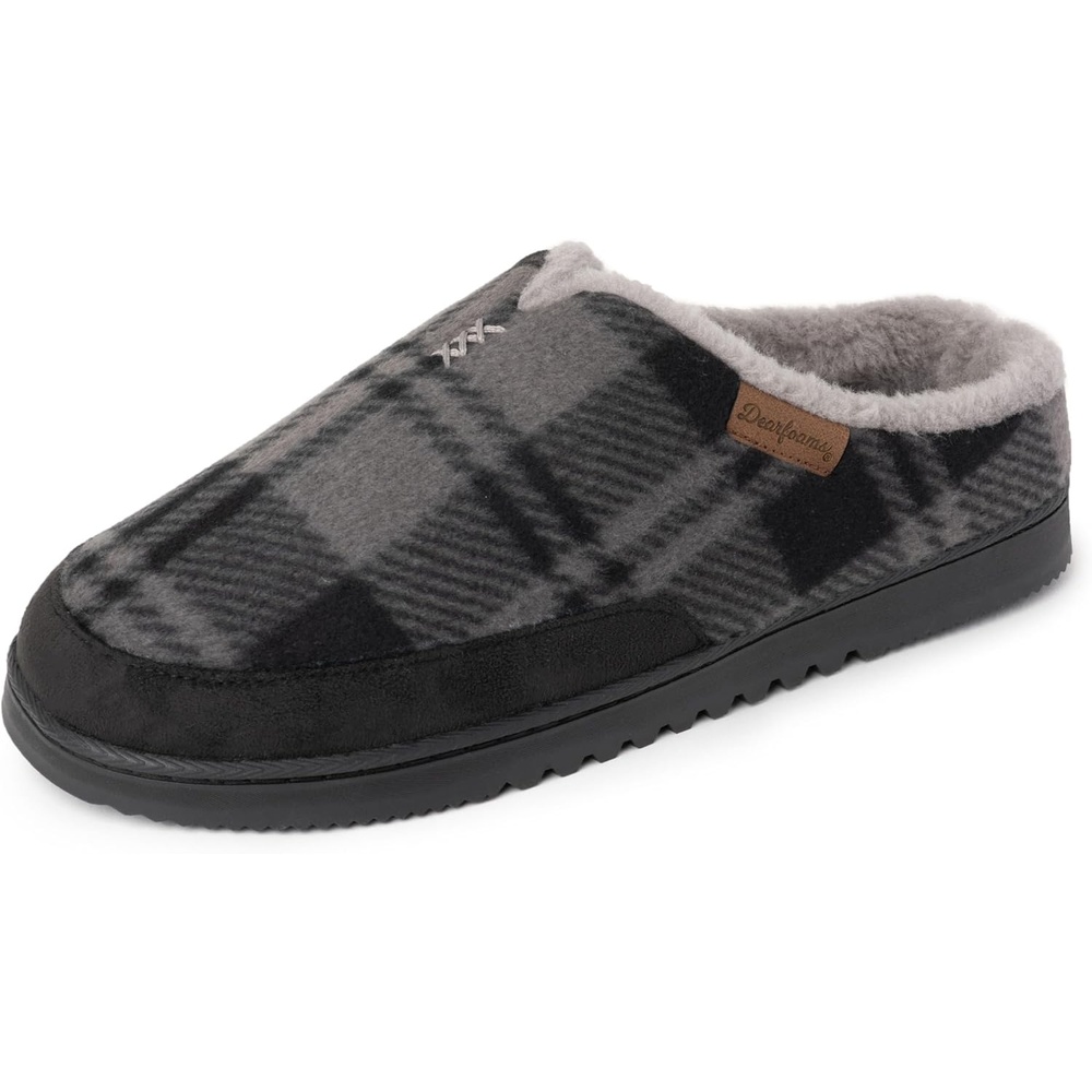 imageDearfoams Mens Slippers Indoor House Shoes With Memory Foam Aldan Clog SlipperGrey Plaid