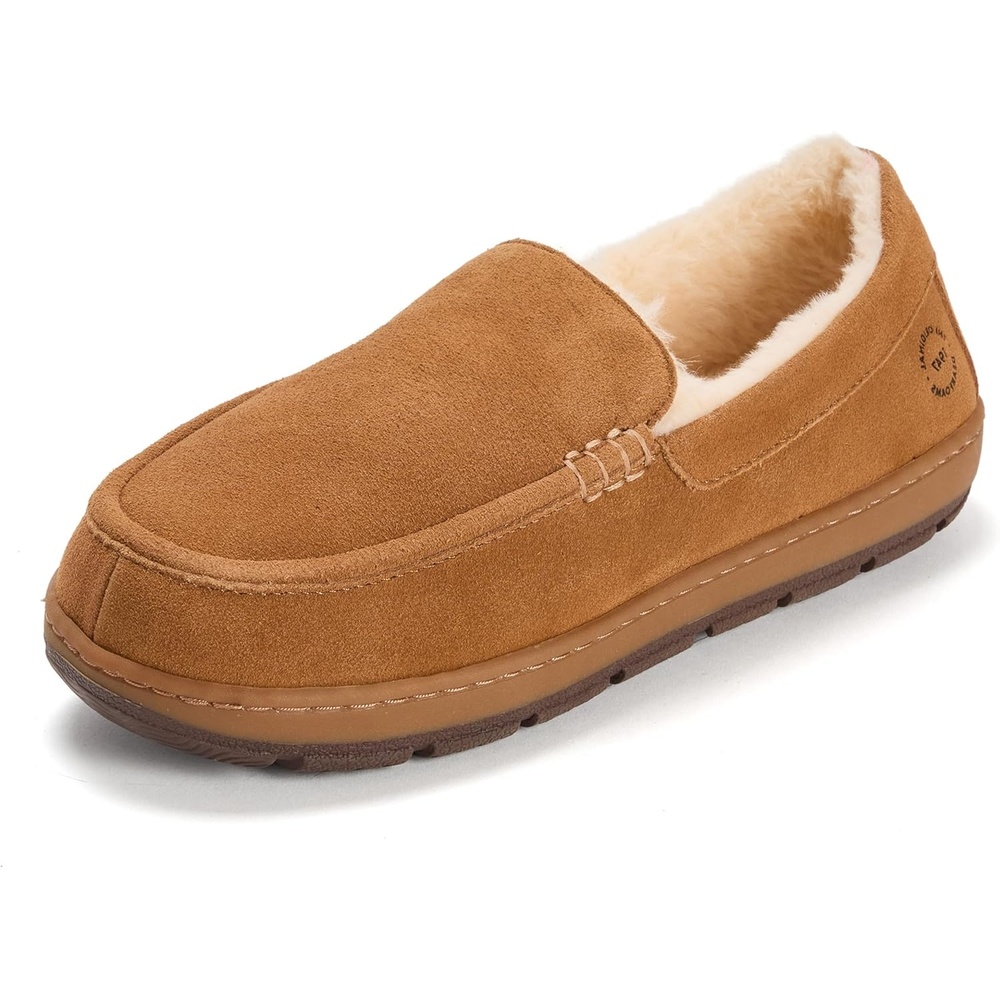 imageDearfoams Mens Suede Moccasin Memory Foam House Shoe  Fitzgerald Slip on Indoor SlipperChestnut
