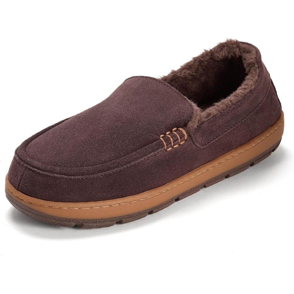 imageDearfoams Mens Suede Moccasin Memory Foam House Shoe Fitzgerald Slip on Indoor SlipperCoffee