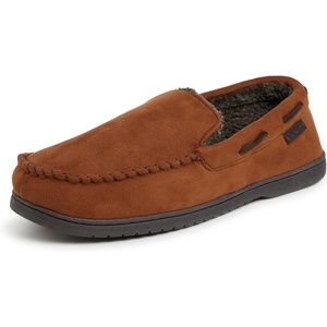 Dearfoams Men’s Keaton Moccasin House Shoes With Memory Foam, Indoor Slippers With Wide Widths(Chestnut Microsuede)