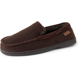 Dearfoams Men’s Keaton Moccasin House Shoes With Memory Foam, Indoor Slippers With Wide Widths(Coffee Twill)