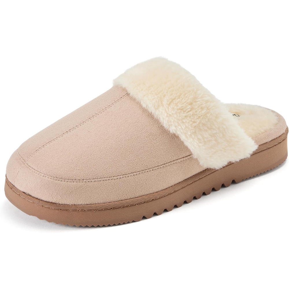 image:imageDearfoams Womens Memory Foam House Shoes Slip on Microsuede Scuff Plush Lined Indoor Outdoor SlippersSand