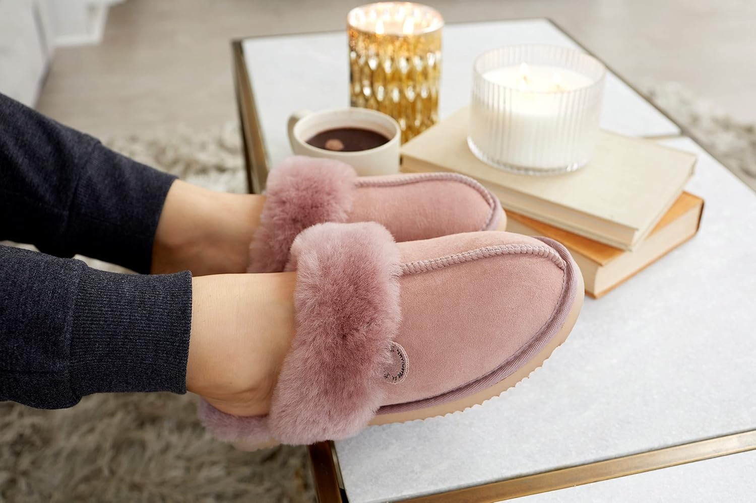 image:imageDearfoams Womens Sydney Shearling IndoorOutdoor Water Resistant Scuff SlipperDusty Pink