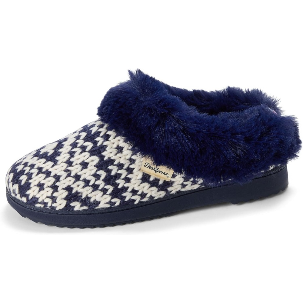 image:imageDearfoams Womens Memory Foam Cozy Soft House Slippers Gifts for Women Hannah Knit Clog House ShoesNavy Fairisle