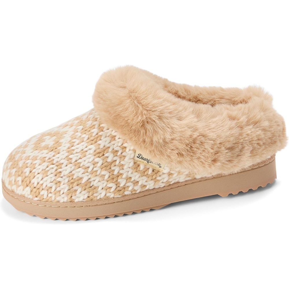 image:imageDearfoams Womens Memory Foam Cozy Soft House Slippers Gifts for Women Hannah Knit Clog House ShoesTan Fairisle