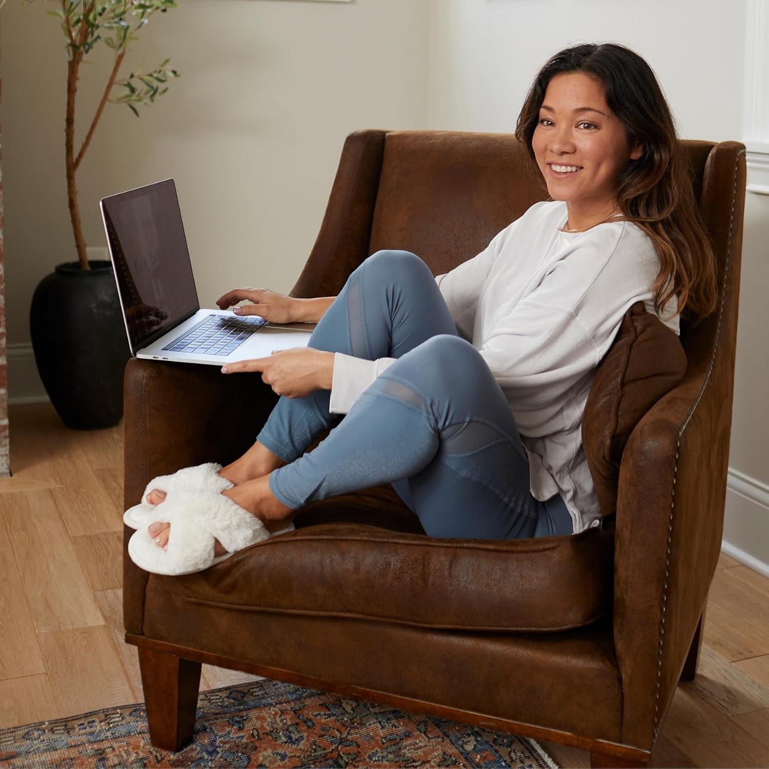image:imageJessica Cross Band Slide Memory Foam Open Toe Fuzzy Indoor Summer House SlippersAlabaster