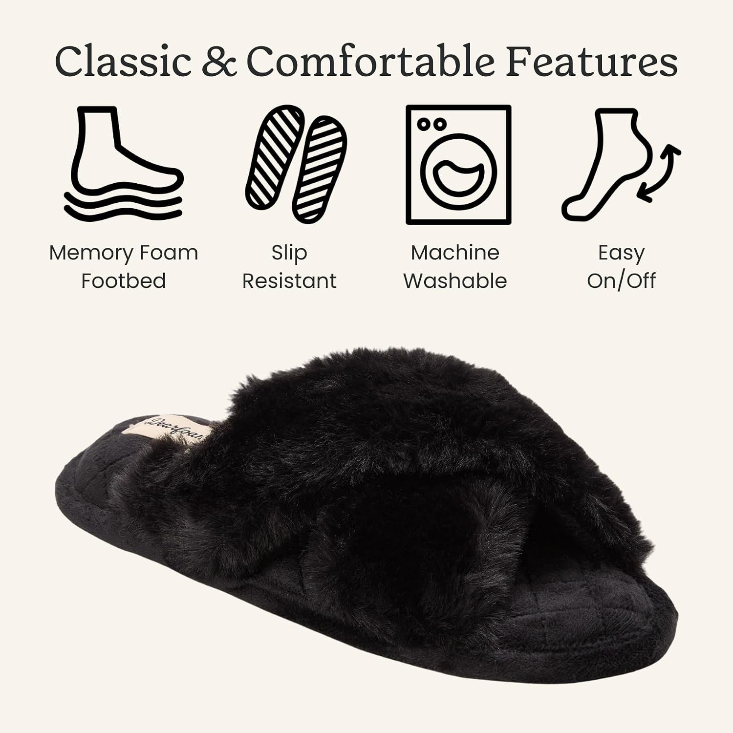 image:imageJessica Cross Band Slide Memory Foam Open Toe Fuzzy Indoor Summer House SlippersBlack