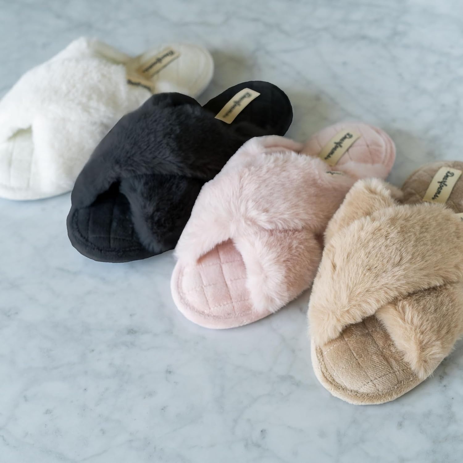 image:imageJessica Cross Band Slide Memory Foam Open Toe Fuzzy Indoor Summer House SlippersBlack