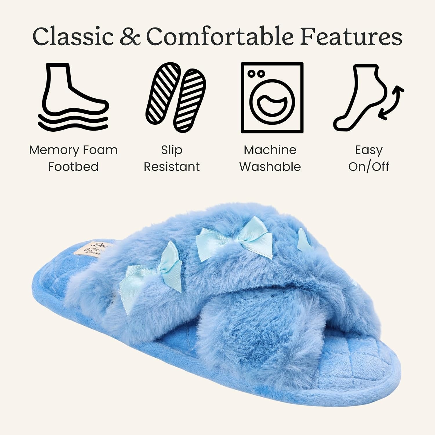 image:imageJessica Cross Band Slide Memory Foam Open Toe Fuzzy Indoor Summer House SlippersBlue Bows