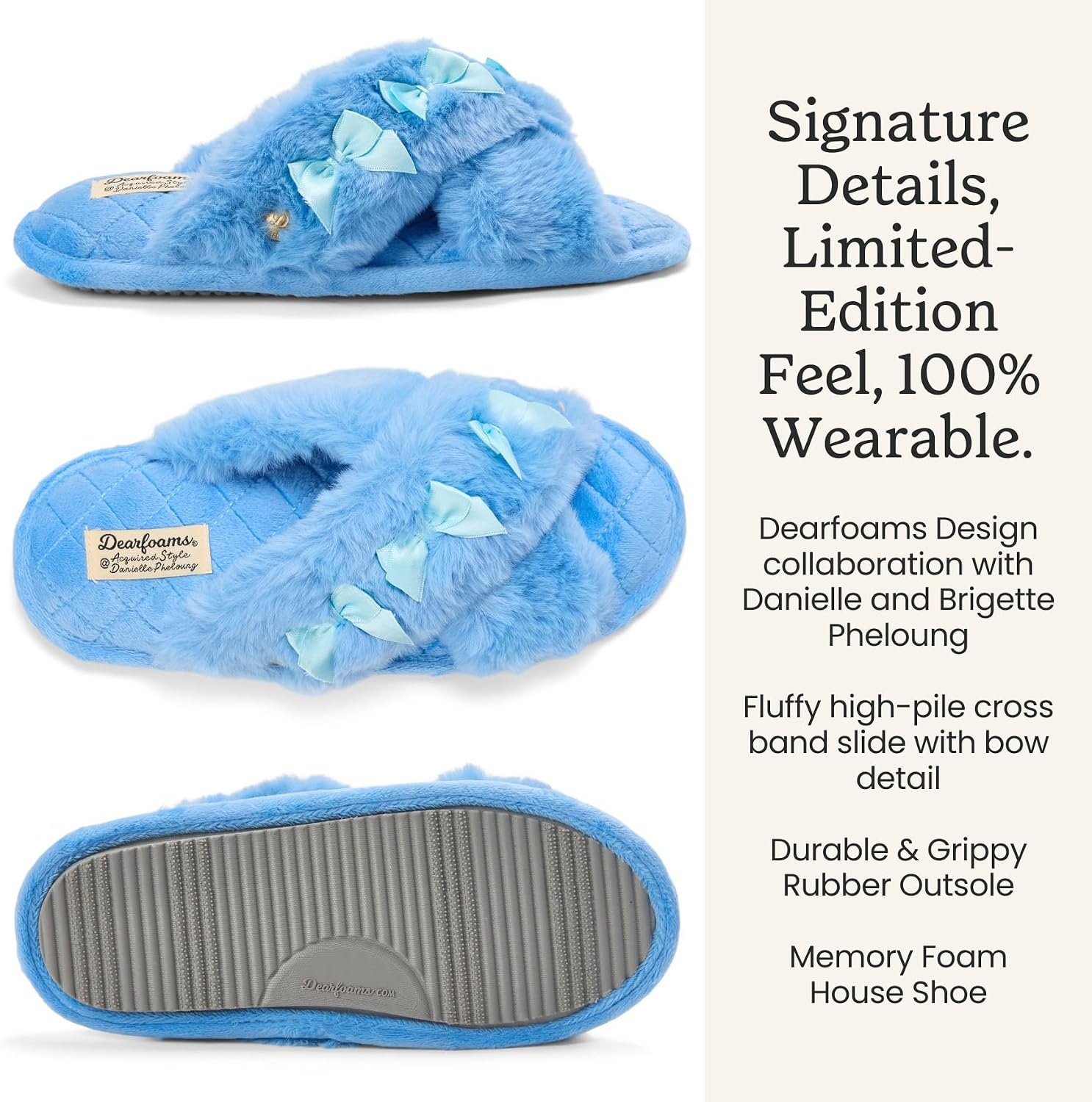 image:imageJessica Cross Band Slide Memory Foam Open Toe Fuzzy Indoor Summer House SlippersBlue Bows