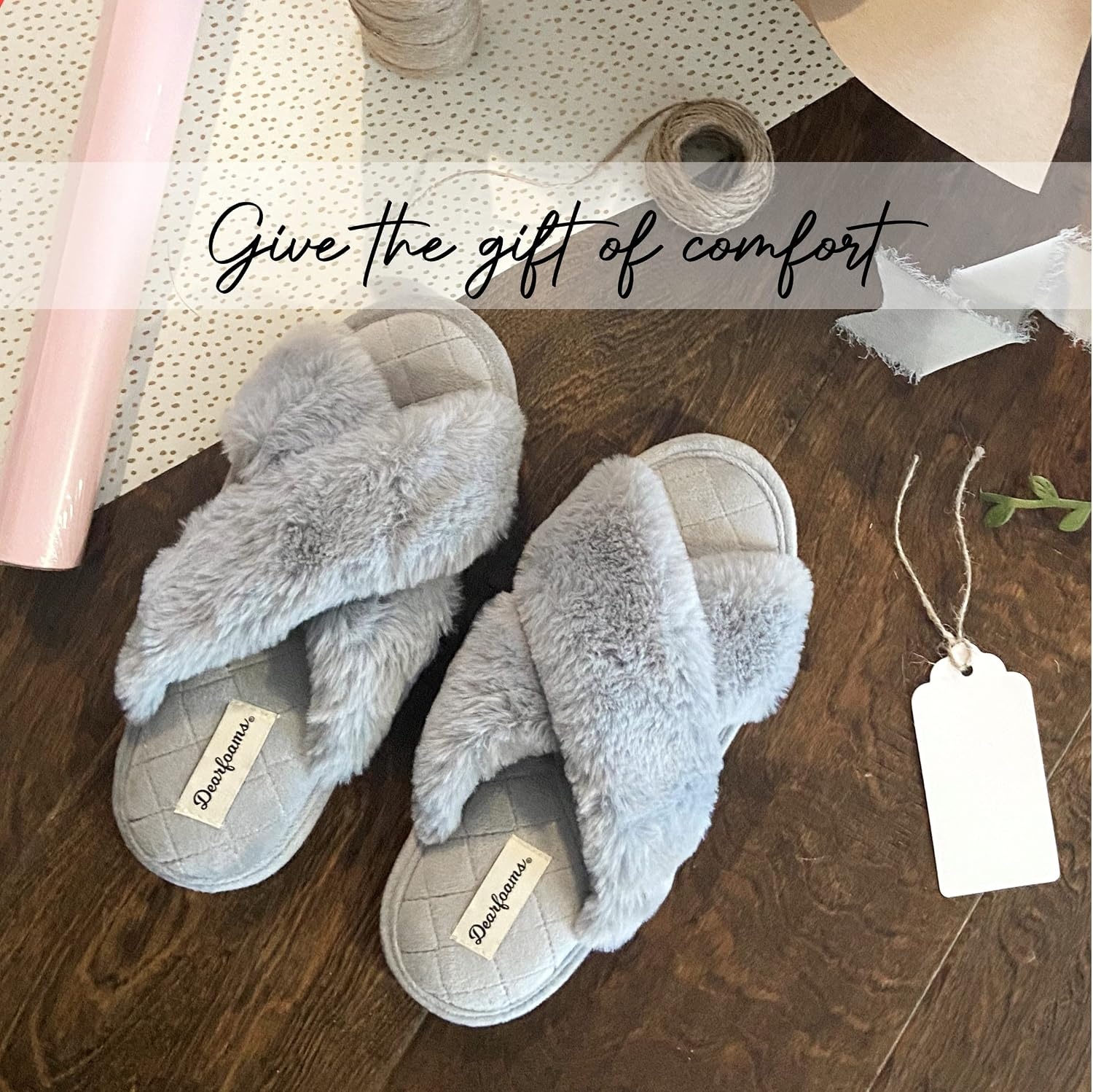 image:imageJessica Cross Band Slide Memory Foam Open Toe Fuzzy Indoor Summer House SlippersSleet