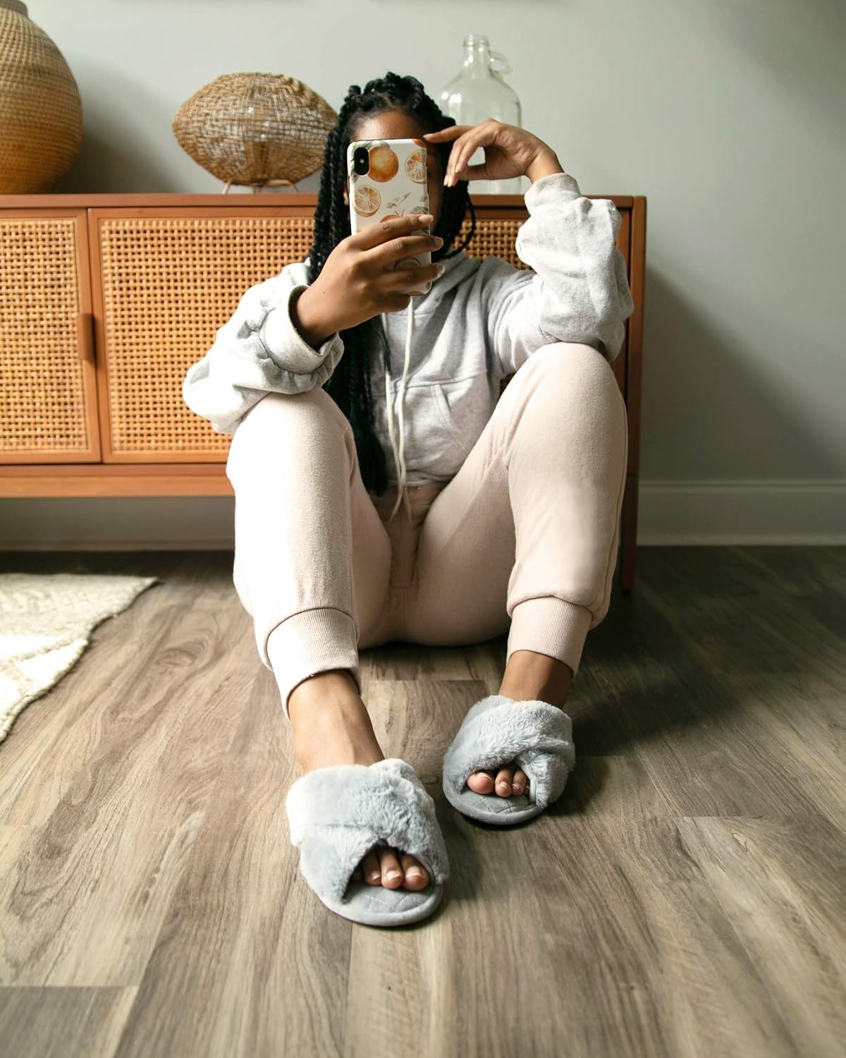 image:imageJessica Cross Band Slide Memory Foam Open Toe Fuzzy Indoor Summer House SlippersSleet