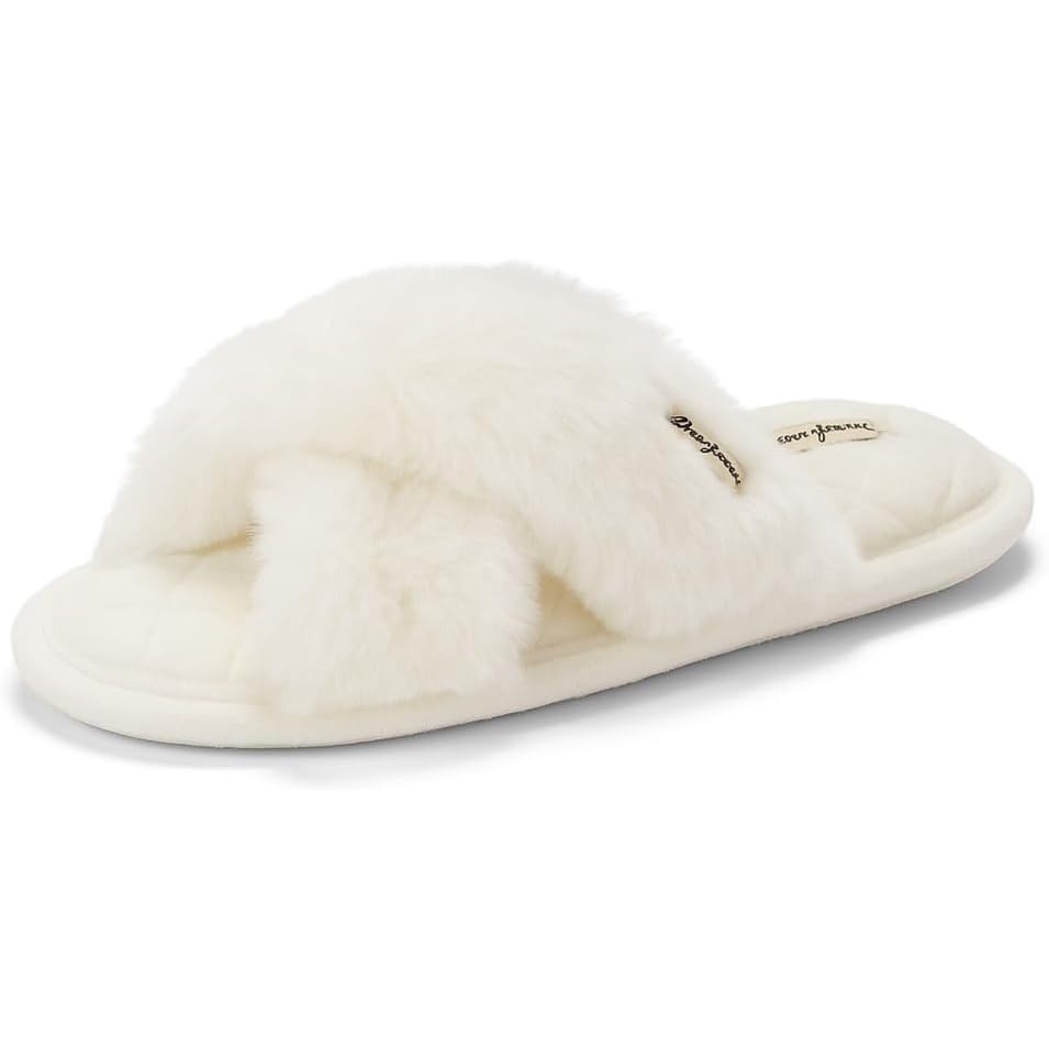 image:imageJessica Cross Band Slide Memory Foam Open Toe Fuzzy Indoor Summer House SlippersAlabaster