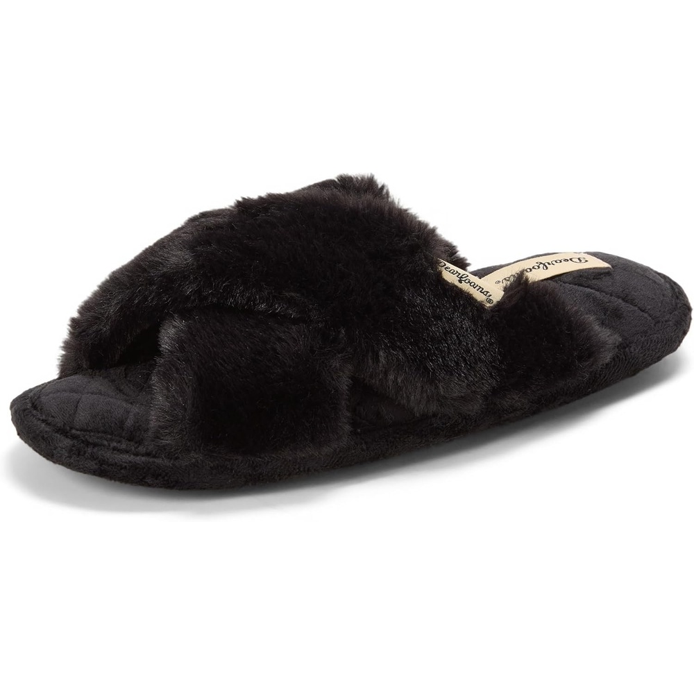 image:imageJessica Cross Band Slide Memory Foam Open Toe Fuzzy Indoor Summer House SlippersBlack