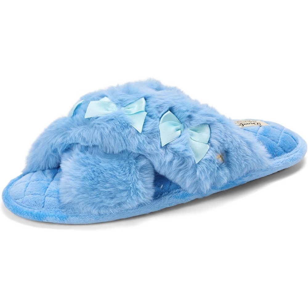 image:imageJessica Cross Band Slide Memory Foam Open Toe Fuzzy Indoor Summer House SlippersBlue Bows