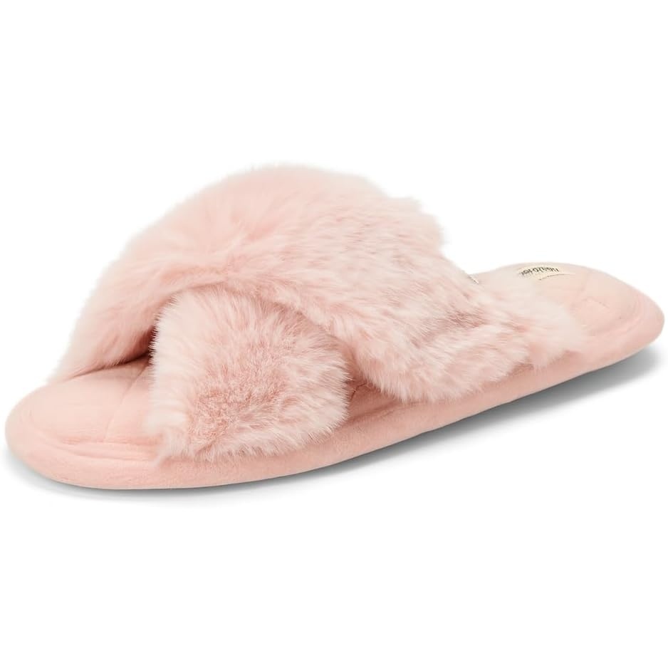 image:imageJessica Cross Band Slide Memory Foam Open Toe Fuzzy Indoor Summer House SlippersDusty Pink