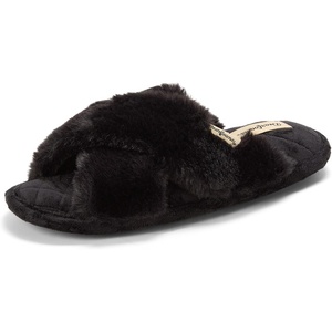 Jessica Cross Band Slide Memory Foam Open Toe Fuzzy Indoor Summer House Slippers(Black)