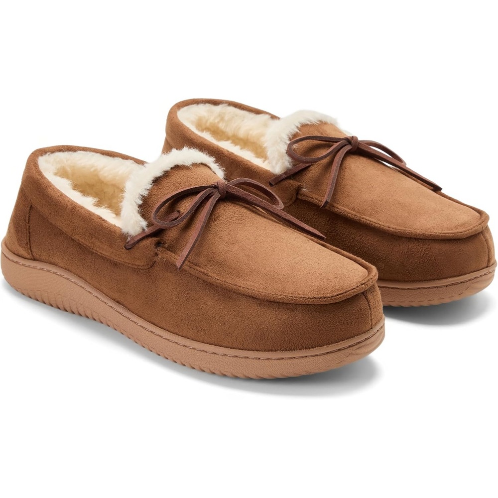 image:imageDearfoams Mens Memory Foam House Shoes Microsuede Moccasin Indoor Outdoor SlippersChestnut Tan