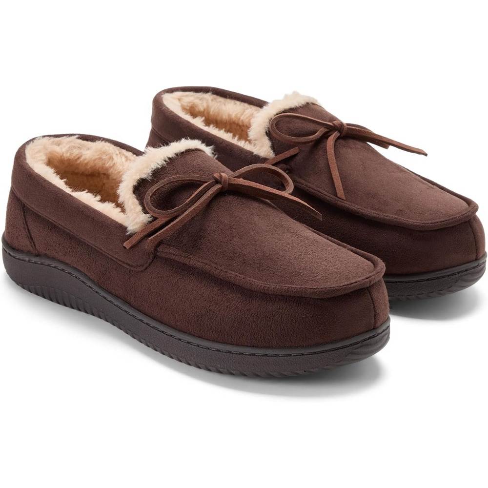 image:imageDearfoams Mens Memory Foam House Shoes Microsuede Moccasin Indoor Outdoor SlippersCoffee Brown