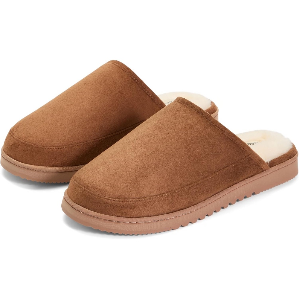 image:imageDearfoams Mens Memory Foam House Shoes Slip on Microsuede Clog Furry Lined SlippersChestnut Tan