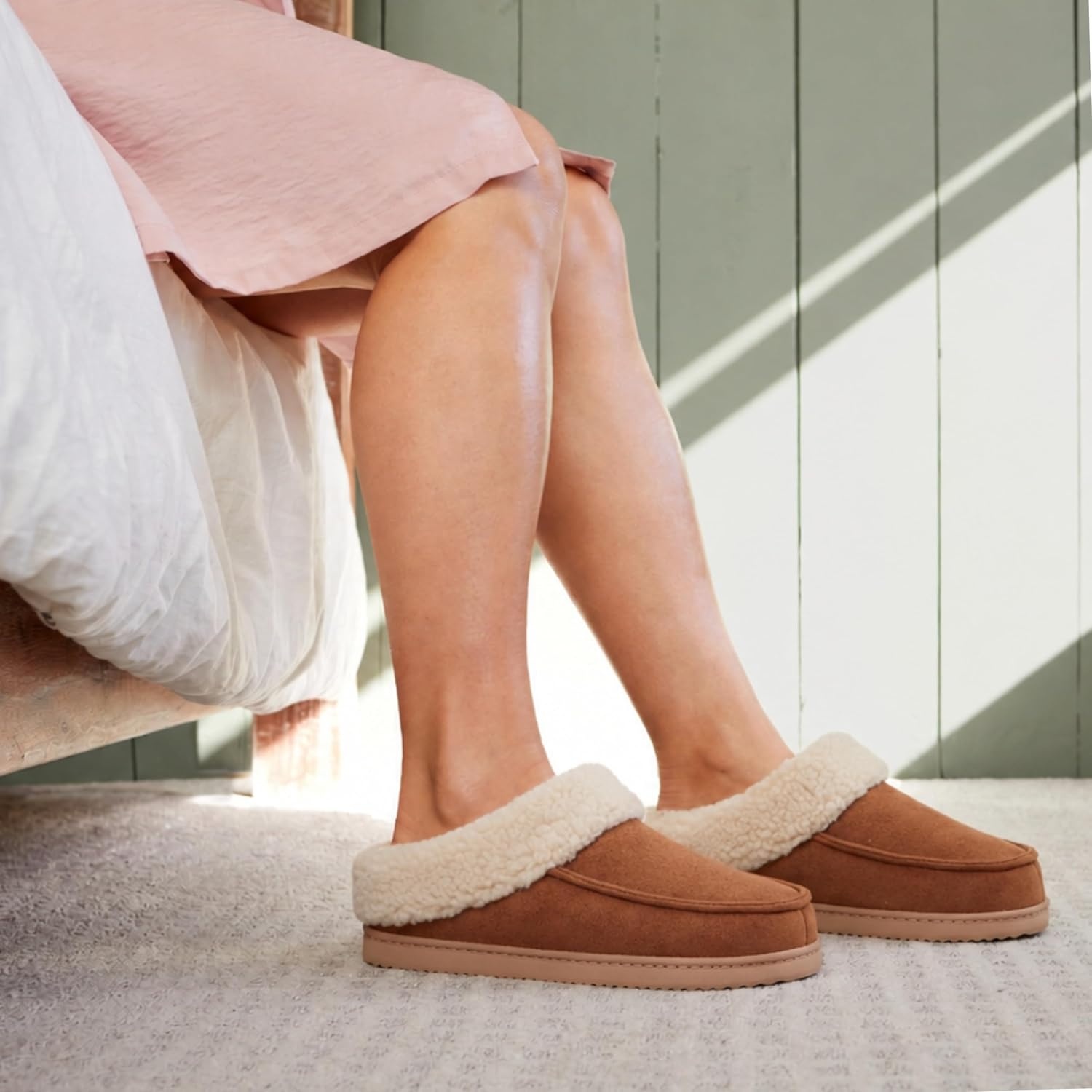image:imageDearfoams Womens Memory Foam House Shoes Slip on Microsuede Clog Plush Lined Indoor Outdoor SlippersChestnut