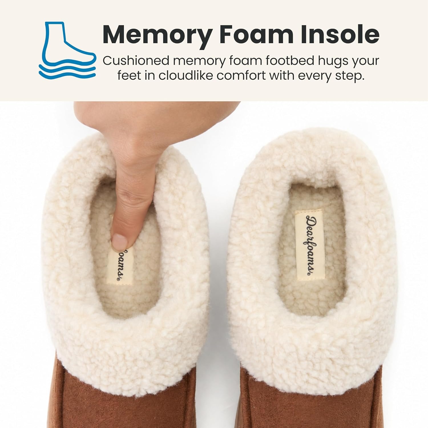 image:imageDearfoams Womens Memory Foam House Shoes Slip on Microsuede Clog Plush Lined Indoor Outdoor SlippersChestnut