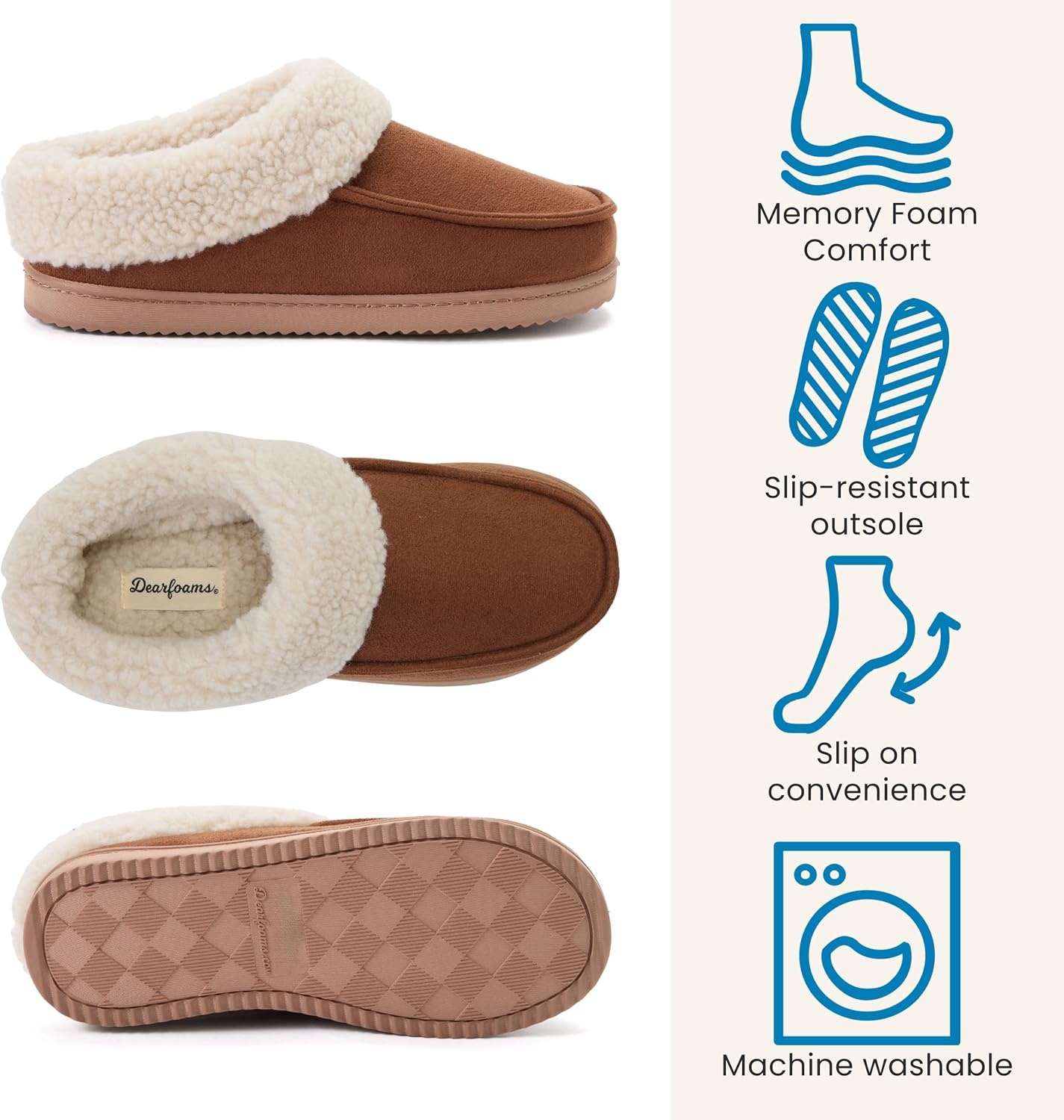 image:imageDearfoams Womens Memory Foam House Shoes Slip on Microsuede Clog Plush Lined Indoor Outdoor SlippersChestnut