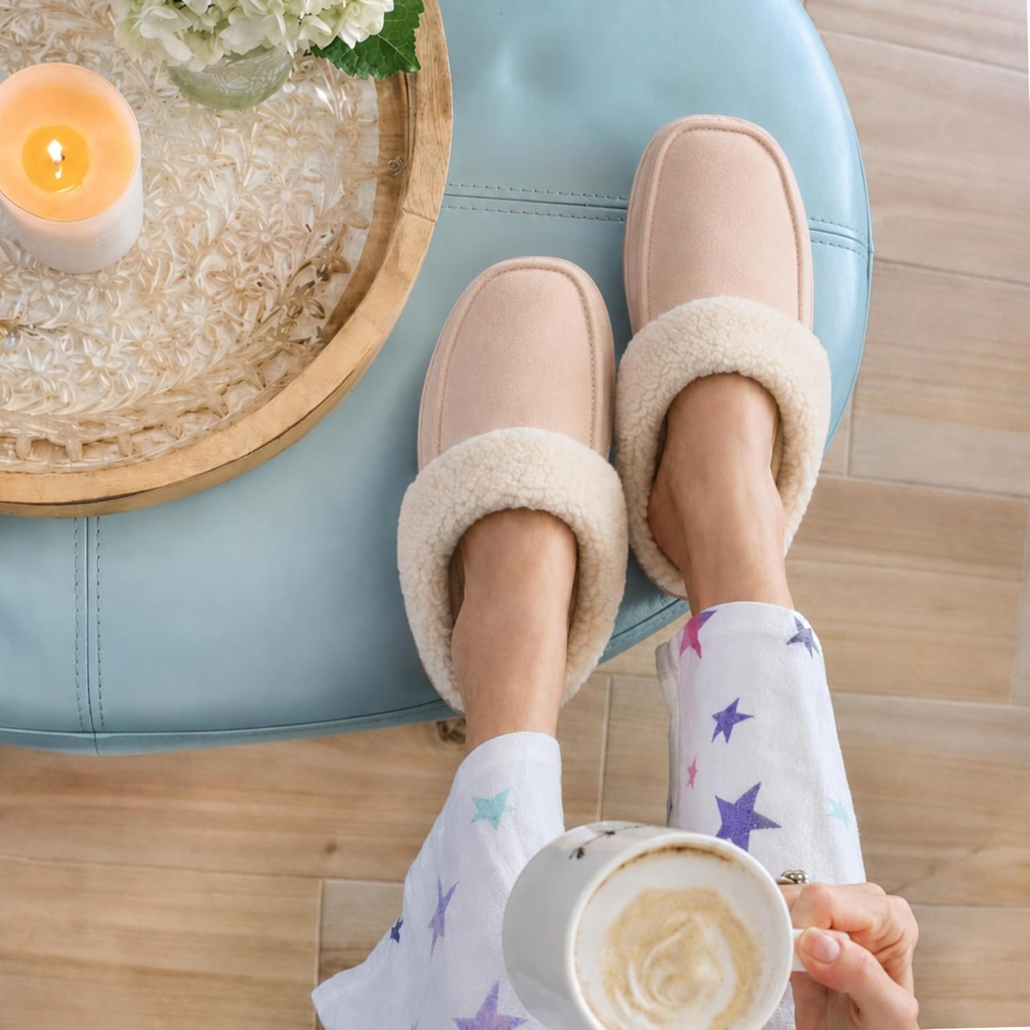 image:imageDearfoams Womens Memory Foam House Shoes Slip on Microsuede Clog Plush Lined Indoor Outdoor SlippersSand