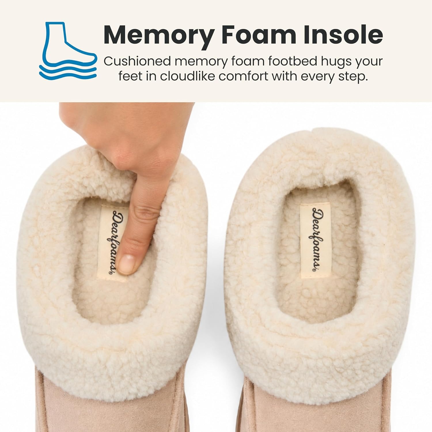 image:imageDearfoams Womens Memory Foam House Shoes Slip on Microsuede Clog Plush Lined Indoor Outdoor SlippersSand