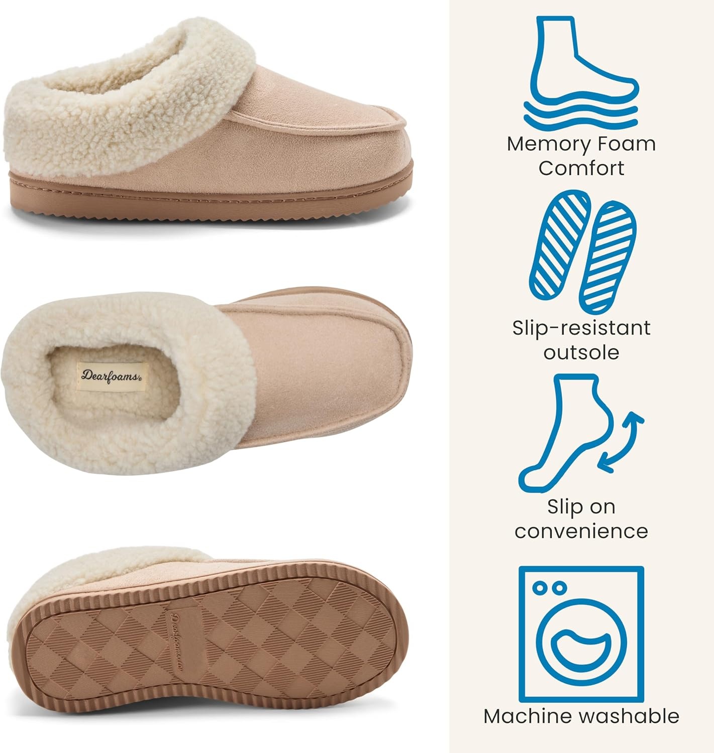 image:imageDearfoams Womens Memory Foam House Shoes Slip on Microsuede Clog Plush Lined Indoor Outdoor SlippersSand