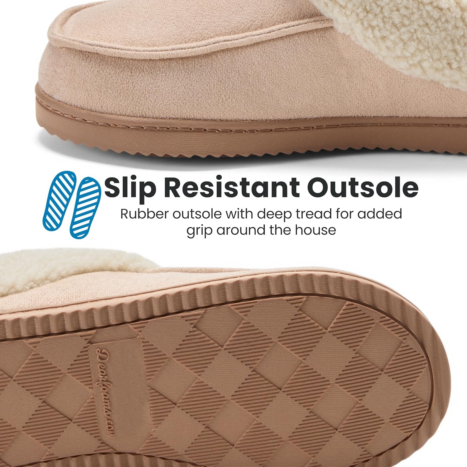 image:imageDearfoams Womens Memory Foam House Shoes Slip on Microsuede Clog Plush Lined Indoor Outdoor SlippersSand