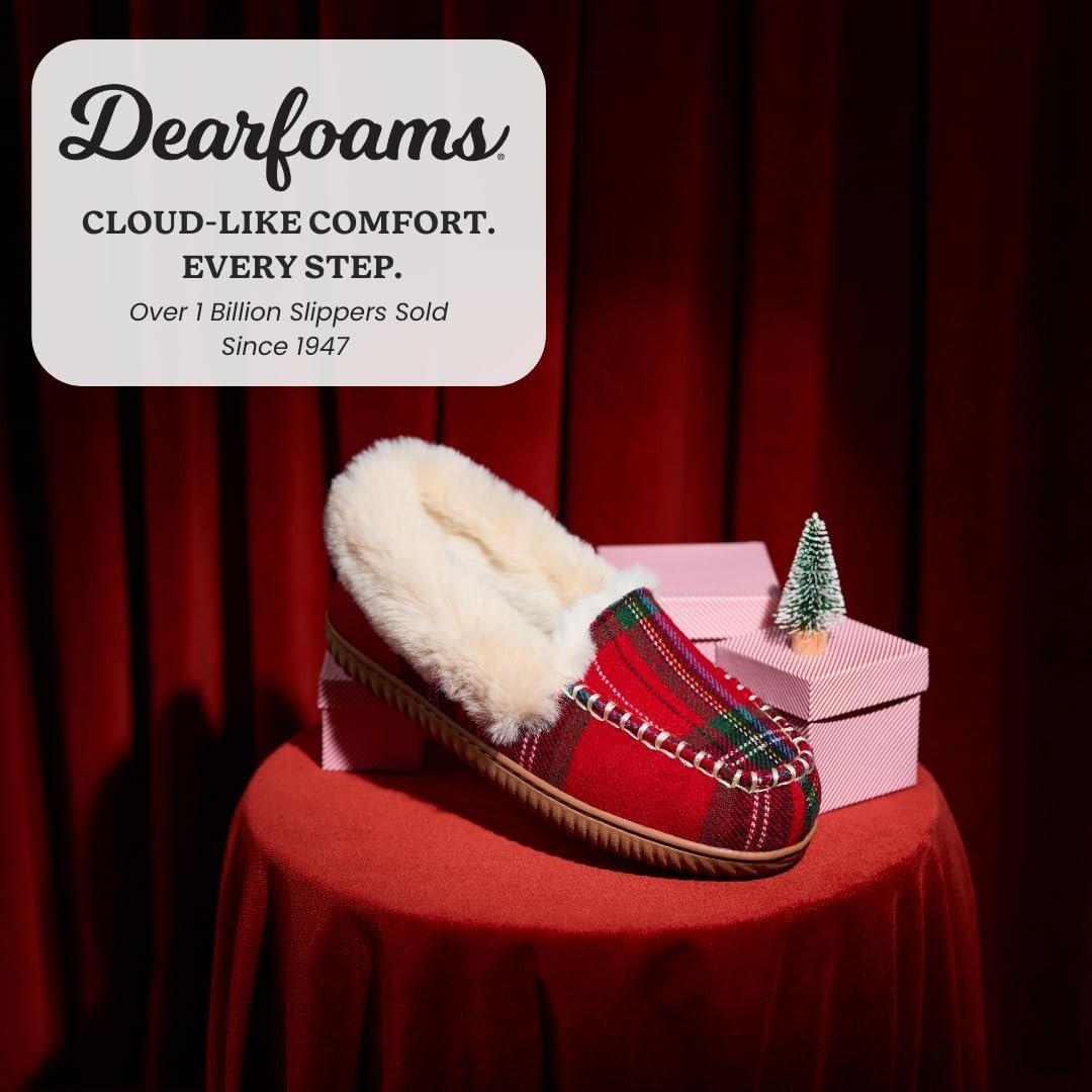 image:imageDearfoams womens Gifts for Women Fuzzy Memory Foam Outdoor Ryland Moccasin With Cuff Womens SlippersRed Plaid