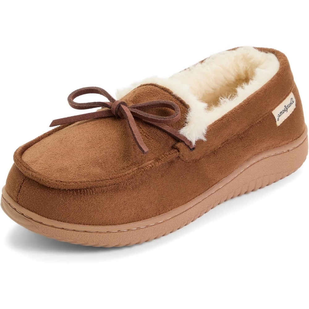 image:imageDearfoams Womens Memory Foam House Shoes Microsuede Moccasin With Tie Plush Indoor Outdoor SlippersChestnut