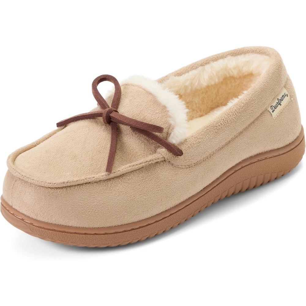 image:imageDearfoams Womens Memory Foam House Shoes Microsuede Moccasin With Tie Plush Indoor Outdoor SlippersSand