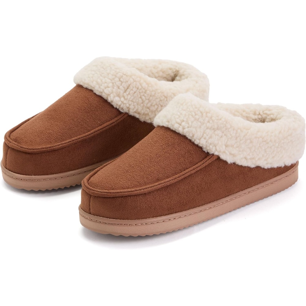 image:imageDearfoams Womens Memory Foam House Shoes Slip on Microsuede Clog Plush Lined Indoor Outdoor SlippersChestnut