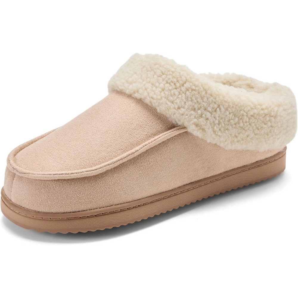 image:imageDearfoams Womens Memory Foam House Shoes Slip on Microsuede Clog Plush Lined Indoor Outdoor SlippersSand