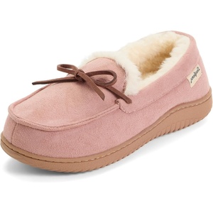 Dearfoams Women’s Memory Foam House Shoes, Microsuede Moccasin With Tie, Plush Indoor Outdoor Slippers(Dusty Pink)