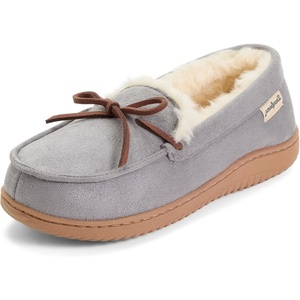 Dearfoams Women’s Memory Foam House Shoes, Microsuede Moccasin With Tie, Plush Indoor Outdoor Slippers(Grey)