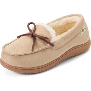 Dearfoams Women’s Memory Foam House Shoes, Microsuede Moccasin With Tie, Plush Indoor Outdoor Slippers(Sand)