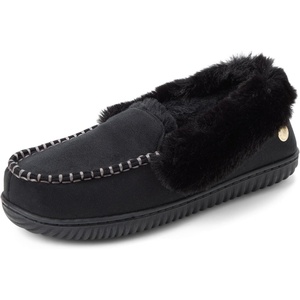 Dearfoams womens Gifts for Women Fuzzy Memory Foam Outdoor Ryland Moccasin With Cuff Women’s Slippers(Black)