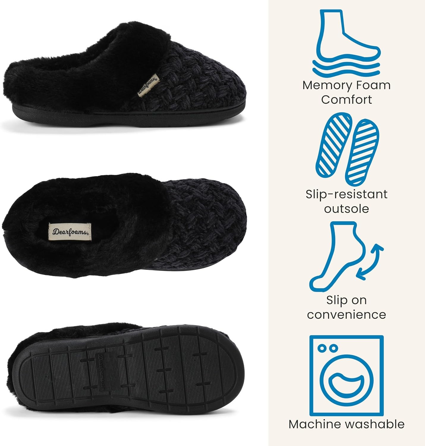 image:imageDearfoams Womens Claire Clog House Shoes Memory Foam Indoor House Slippers with Wide WidthsBlack Solid