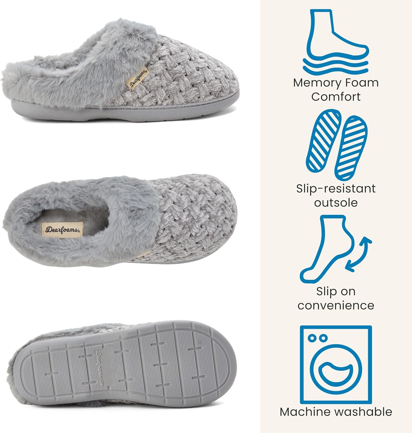 image:imageDearfoams Womens Claire Clog House Shoes Memory Foam Indoor House Slippers with Wide WidthsGrey