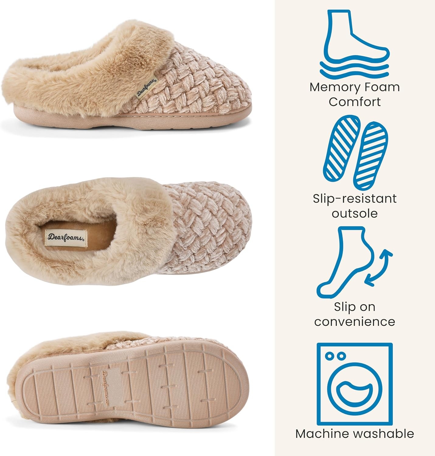 image:imageDearfoams Womens Claire Clog House Shoes Memory Foam Indoor House Slippers with Wide WidthsTan
